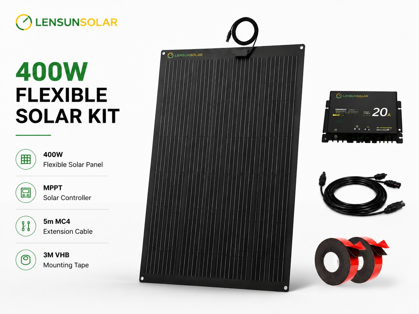 Lensun Solar fleet kit — panel, controller, tape and cabling